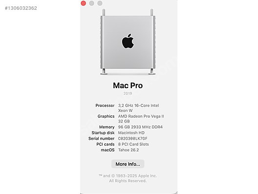 Apple / Mac Pro 3,2 GHz 16-Core Intel Xeon W / 96GB / Vega II 32GB