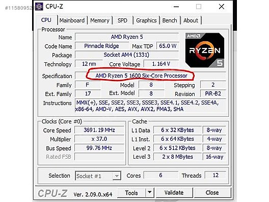 Ryzen 1600 2024 af cpu z