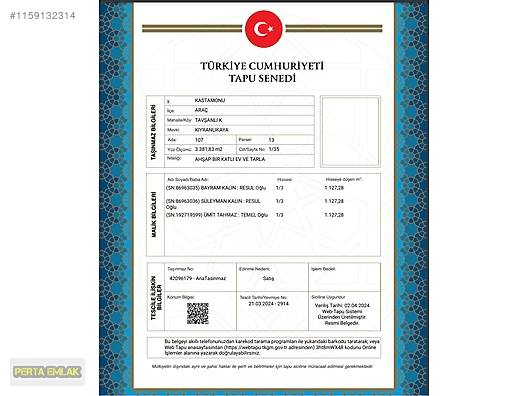 KASTAMONU ARAÇ MÜSTAKİL EV TAPU SAHİBİ PERTA EMLAK ÜMİT TAHMAZ #1159132314