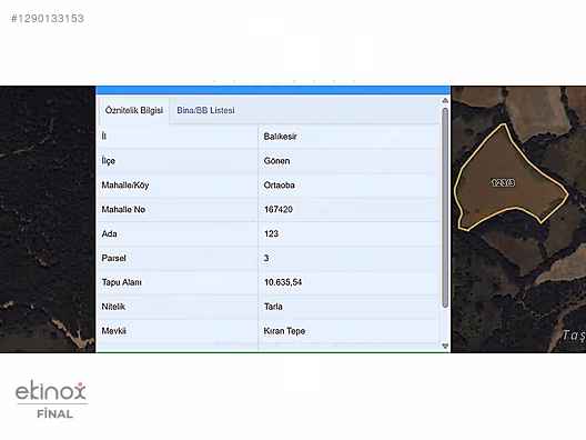 Balıkesir Gönen Ortaoba 10.635m² Müstakil Tapulu Satılık Tarla