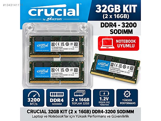 Crucial 32GB (2x16GB) DDR4 3200MHz CL22 Notebook RAM Faturalı
