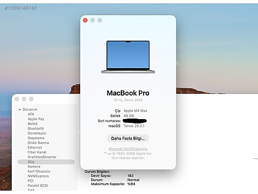 Apple Macbook / Macbook Pro M4 MAX/48GB RAM/1TB SSD sahibinden