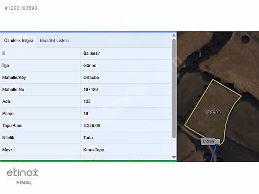 Balıkesir Gönen Ortaoba 3.239m² Müstakil Tapulu Satılık Tarla