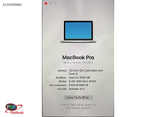 Apple Macbook / Macbook Pro 13'' A1502 2014 İ5 2.6 GHz 8 GB RAM