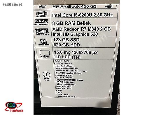 HP / HP ProBook 450 G3 i5 6. Nesil 8 GB RAM 128 GB SSD 2. el