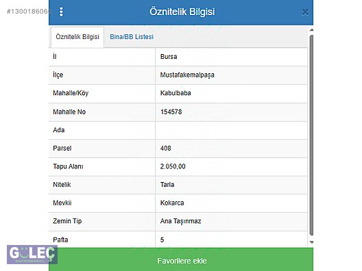 BURSA MUSTAFAKEMALPAŞA KABULBABA KÖYÜ'NDE 2050 m2 SATILIK TARLA