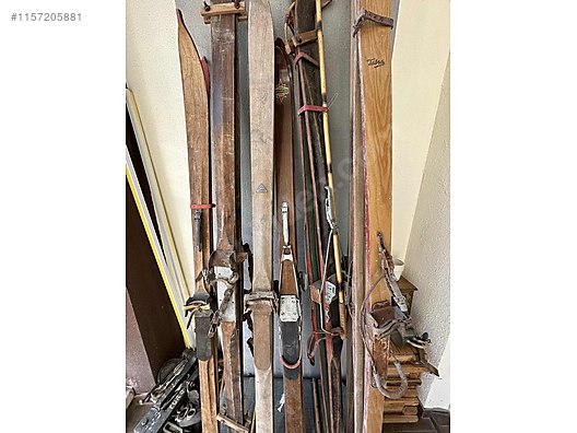 Antika Oyuncak Kayak Takımı - Kış Kayağı Uzun Çubuklar - Deri Tutamaç Uzun  Çubuklar - Antika ve Koleksiyon - kitantik