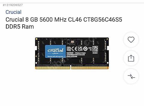 【新品未開封】crucial DDR5-5600 16GB (2 x 8GB) Crucial DDR5 5600Mhz 8GB Ram sahibinden.comda - 1319206527