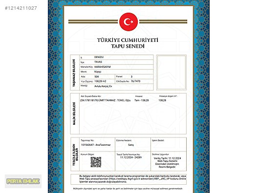 DENİZLİ TAVAS MÜSTAKİL EV TAPU SAHİBİ PERTA EMLAK ÜMİT TAHMAZ #1214211027