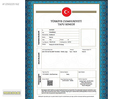 KAYSERİ PINARBAŞI MÜSTAKİL EV TAPU SAHİBİ PERTA EMLAK ÜMİT TAHMA #1250225162