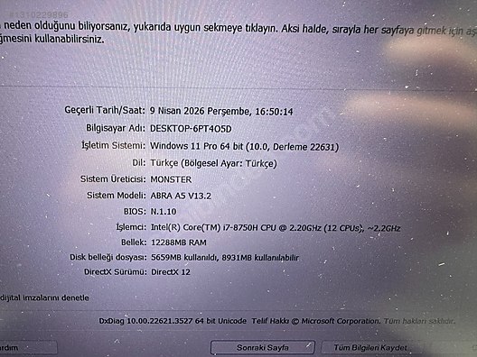 Monster / MONSTER ABRA i7 8. NESİL 12 GB RAM 512 NVME GTX 1050