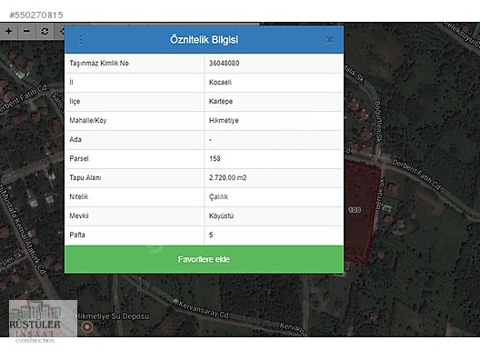 KOCAELİ KARTEPE MAŞUKİYE HİKMETİYEDE SATILIK 20140 m2 ARSA - Satılık