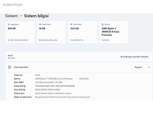 AMD Ryzen 7 Hazır Sistem Oyuncu Masaüstü Bilgisayar - 1282276329