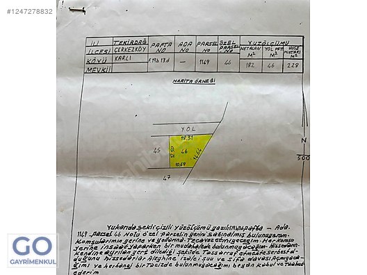 Tekirdağ Kapaklı Karlı Satılık 228m2 Arsa Çap ve Muvafakatnameli #1247278832