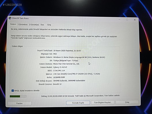 Intel Core i7 MSI Oyuncu Laptop