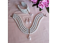 Beyaz İnci Choker Kolye Küpe Bileklik Gelin Takı Seti