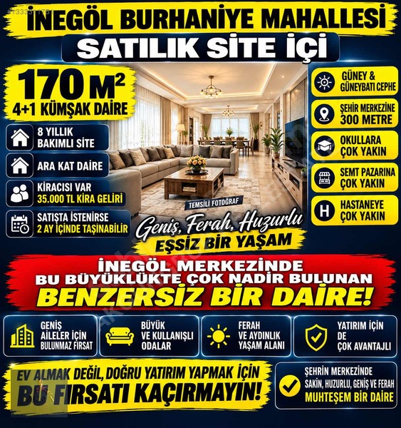 İNEGÖL BURHANİYE MH SATILIK 170M² 4+1 GENİŞ VE FERAH DAİRE
