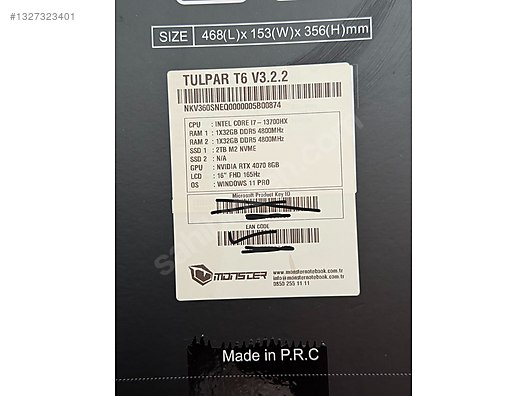 Monster / Özel Donanım Tulpar T6V3:İ7-13700HX|RTX4070|64GB|2TB