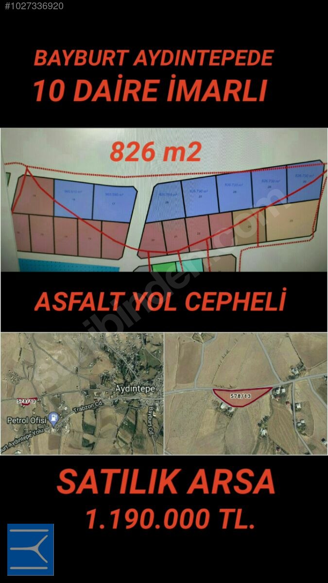 Bayburt Adıntepe�de on daire imarlı Araklı yoluna cephe arsa Satılık