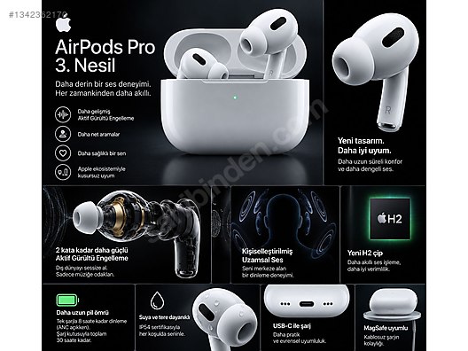 Apple AirPods Pro 中古 Apple AirPods Pro 3. Nesil | Faturalı | Kutulu | Temiz on
