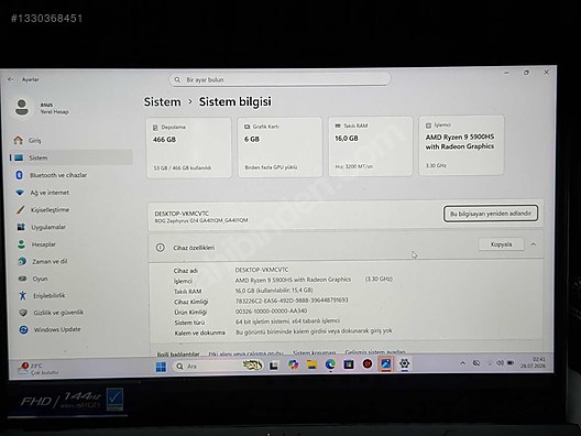 Asus / FULL SET ASUS ZEYPHRUS | RYZEN9 | RTX3060 6GB | 16GB