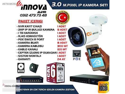 3 M Pixel 8 Li Ip Kamera Seti Montaj Dail 2 Yil Garantili Kablolu Kamera Guvenlik Sistemleri Sahibinden Com Da 876386262
