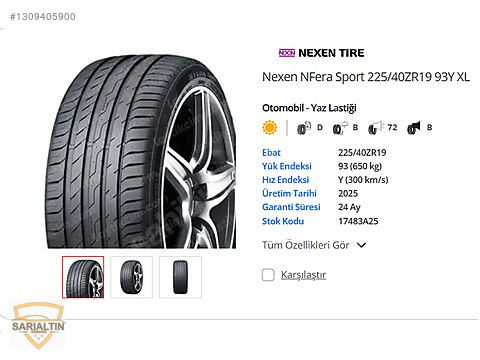 Nexen NFera Sport 225/40ZR19 93Y XL Yaz Lastiği sahibinden.comda