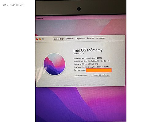 Apple Macbook / MacBook Air (11 inç, Early 2015) 4 GB RAM 1,6 GHz