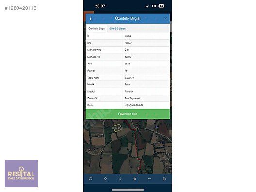 Nilüfer Çalı Mahallesi 750 m2 satılık hisseli tarla