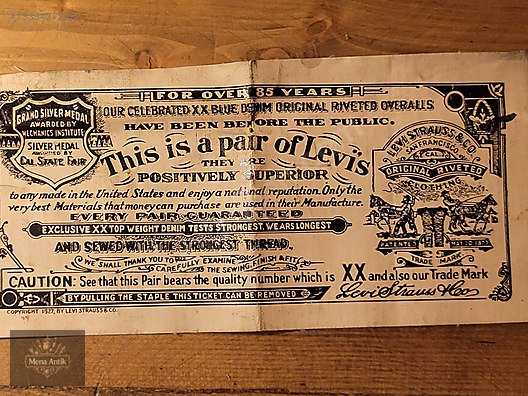 1950s Levi's 501XX Guarantee Ticket - Antika Antika Belge ve