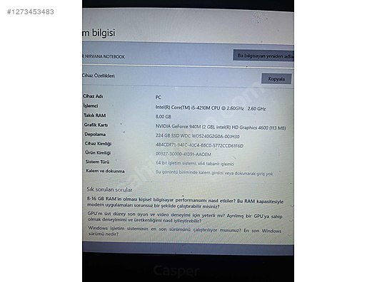 İkinci El ve Sıfır Alışveriş / Bilgisayar / Dizüstü (Notebook) / Laptop / Casper