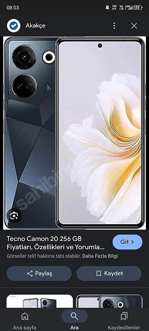 tecno camon 20 256/8+8 ram kutu fatura garanti var şarz kılıf