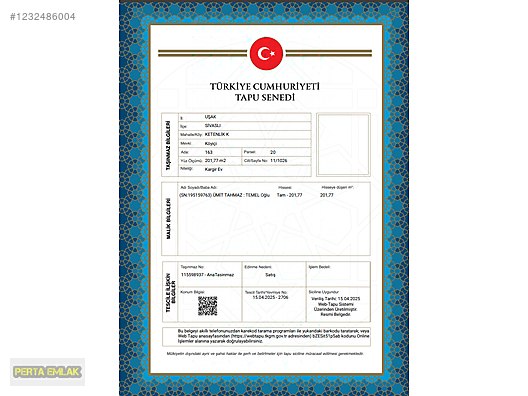 UŞAK SİVASLI MÜSTAKİL EV TAPU SAHİBİ PERTA EMLAK ÜMİT TAHMAZ #1232486004