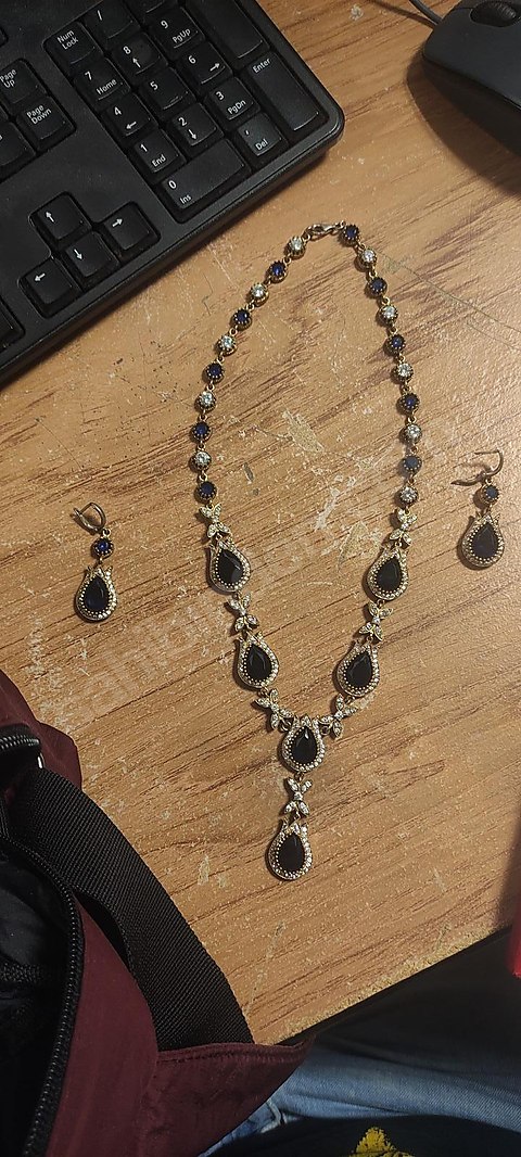 Özel Tasarım Altın Kaplama Safir ve Taşlı Set - Kolye, Küpe ve B