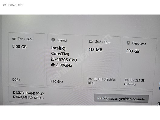 Intel Core i5-4570S 2.90GHz 4 Çekirdek LGA1150 İşlemci sahibinden