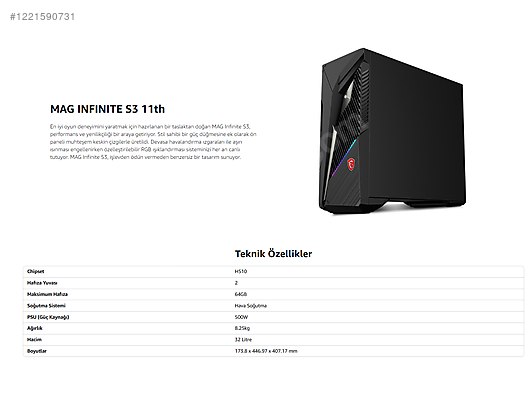 MSI MAG INFINITE S3 11TG-027XTR Satılık Oyuncu Bilgisayar Kasası - Alışveriş :: Sıfır, İkinci El Ürünlerle sahibinden.com'da