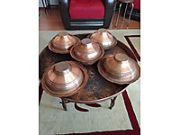 antika kızıl bakır tepsi ve sahan seti sıfır set sandıktan çıkma