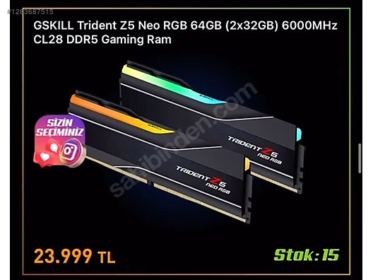 GSKILL 64GB 2x32GB DDR5 Trident Z5 Neo RGB 6000MHz CL30 *SIFIR* - RAM Bellek ve Tüm Masaüstü Bilgisayar Parçaları sahibinden.com'da