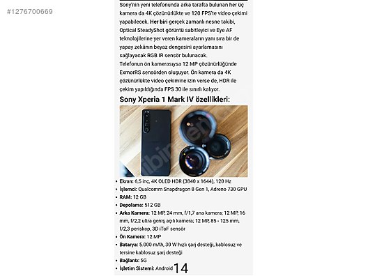 İkinci El ve Sıfır Alışveriş / Cep Telefonu & Aksesuar / Cep Telefonu / Sony / Xperia 1 IV
