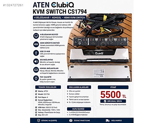 ATEN CS1794 4 Port HDMI USB KVM Switch + Kabloları | Profesyonel