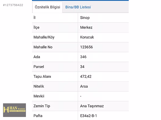 SİNOP KORUCUKTA SATILIK İMARLI ARSA ( 472 metrekare ) #1273756422