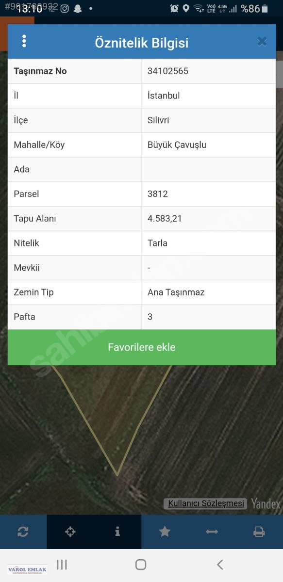 Silivri BÜYÜKÇAVUŞLU 4583m2 müstakil tarlamız satışta - Satılık Arsa