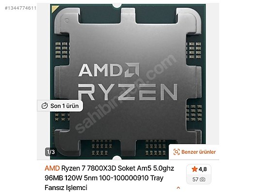 Ryzen 7 7800X3D Soket Am5 5.0ghz 96MB 120W 5nm. Tray islemci