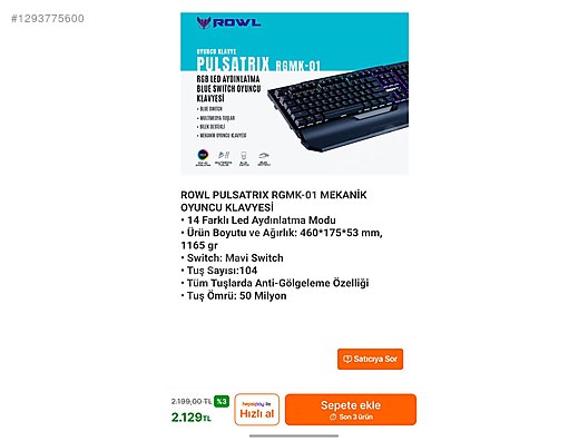 Rowl ROWL RGB MEKANİK KLAVYE - Rowl Oyuncu Klavyesi - 1293775600