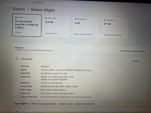 HP / HP ZBook Fury 15.6 inç G8 - 32GB RAM, 4GB GPU, i7, 500GB SSD