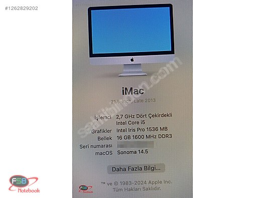 Apple / Apple iMac 21.5'' A1418 i5 16 GB RAM 256 GB SSD sahibinden