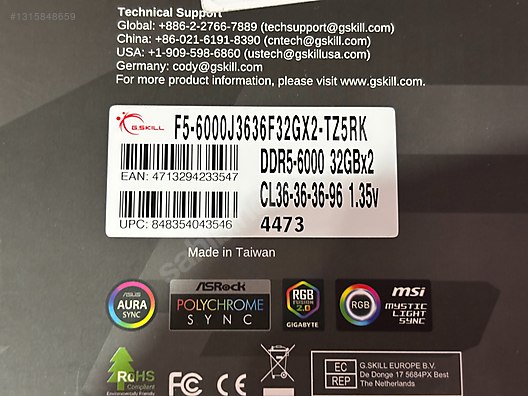 sıfır gskill trident 32x2 64gb ddr5 ram 6000mhz cl 36 expo xmp