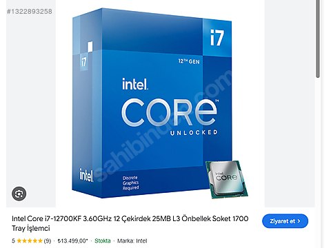 INTEL Core i7 12700KF 3.6GHz 25MB Önbellek 12 Çekirdek 1700 10nm