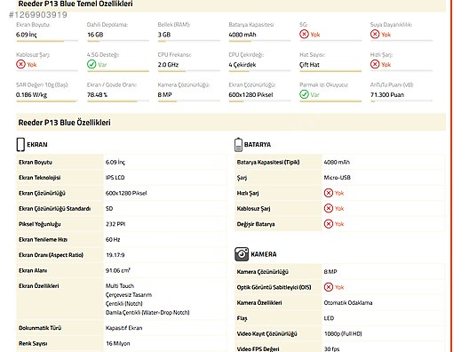 İkinci El ve Sıfır Alışveriş / Cep Telefonu & Aksesuar / Cep Telefonu / Reeder / P13 Blue