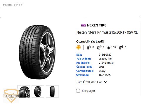 Nexen Nfera Primus 215/50R17 95V XL YAZ LASTİĞİ DOT 2026